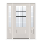 Grills Between Glass 12 Light Flush Glazed Fiberglass Entry Door System with Two Sidelites - 3/4 Lite, White Satin Smooth, Black 7/8" Grilles