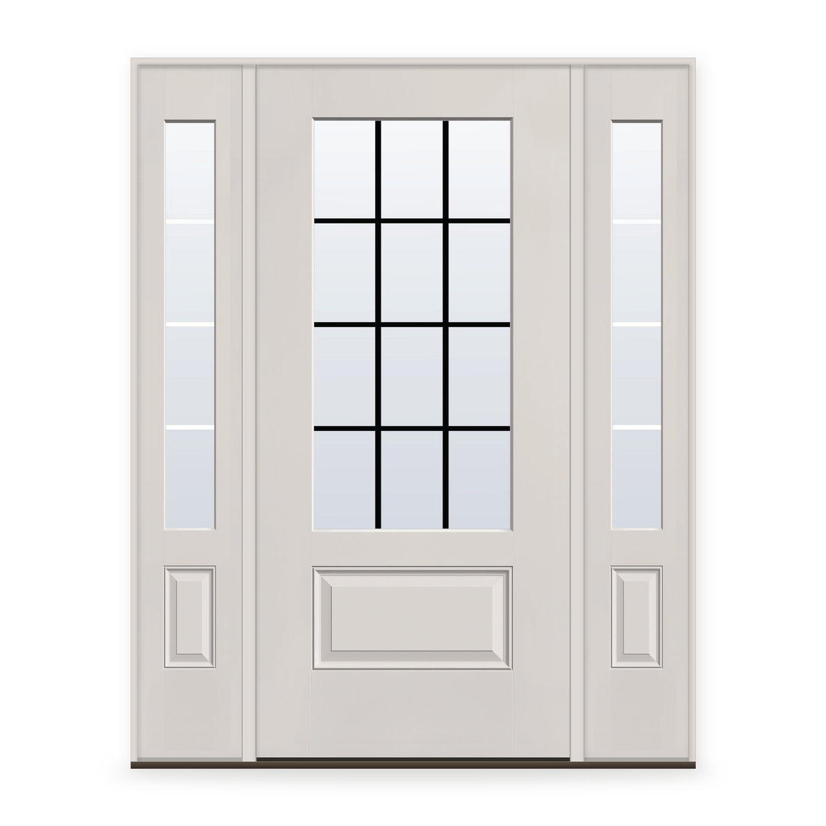 Grills Between Glass 12 Light Flush Glazed Fiberglass Entry Door System with Two Sidelites - 3/4 Lite, White Satin Smooth, Black 7/8" Grilles