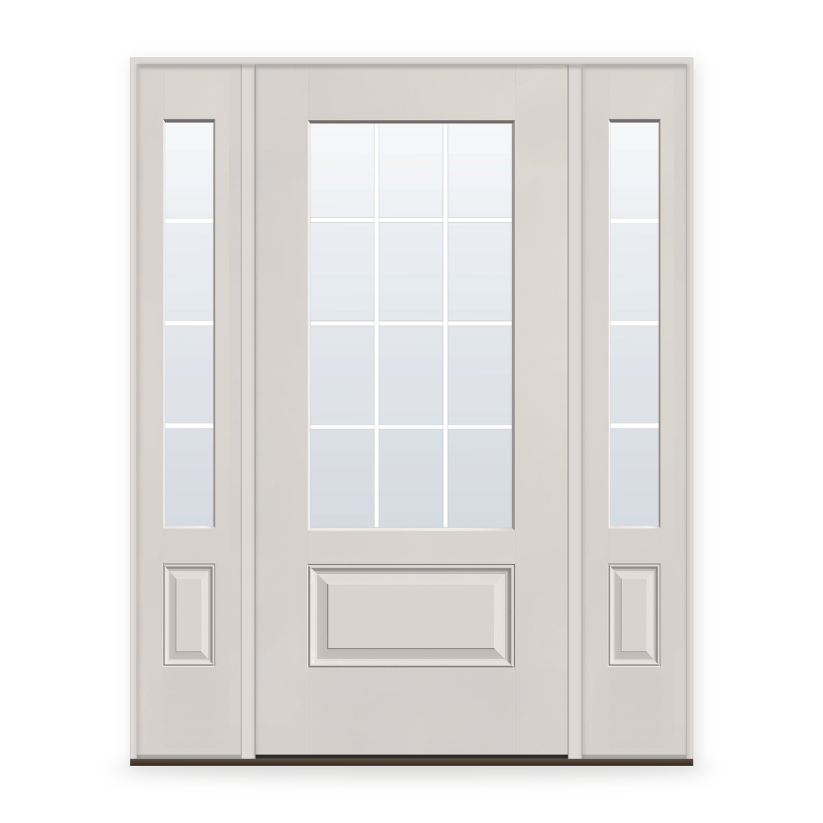 Grills Between Glass 12 Light Flush Glazed Fiberglass Entry Door System with Two Sidelites - 3/4 Lite, White Satin Smooth, White 5/8" Grilles