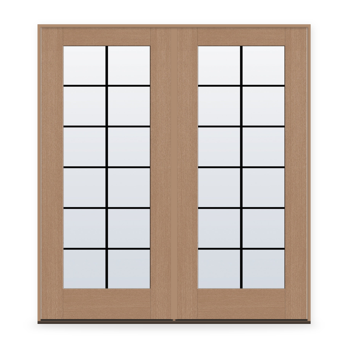 Double Grills Between Glass 12 Light Flush Glazed Fiberglass Entry Door System - Full Lite, Tan Woodgrain, Black 7/8" Grilles