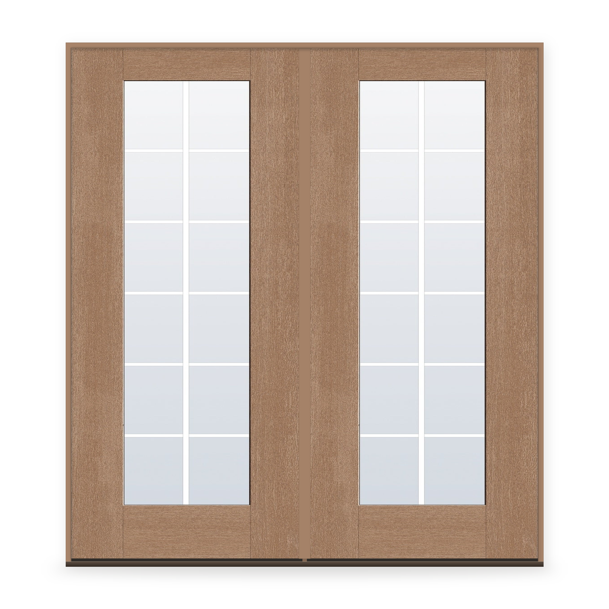 Double Grills Between Glass 12 Light Flush Glazed Fiberglass Entry Door System - Full Lite, Tan Woodgrain, White 5/8" Grilles