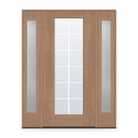 Grills Between Glass 12 Light Flush Glazed Fiberglass Entry Door System with Two Sidelites - Full Lite, Tan Woodgrain, White 5/8" Grilles