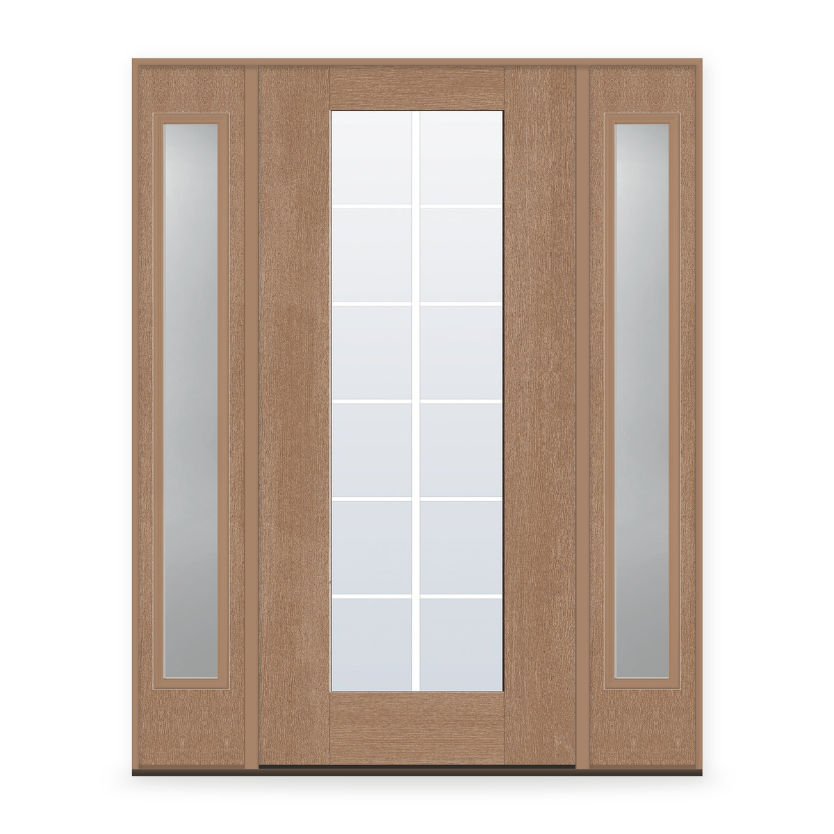 Grills Between Glass 12 Light Flush Glazed Fiberglass Entry Door System with Two Sidelites - Full Lite, Tan Woodgrain, White 5/8" Grilles