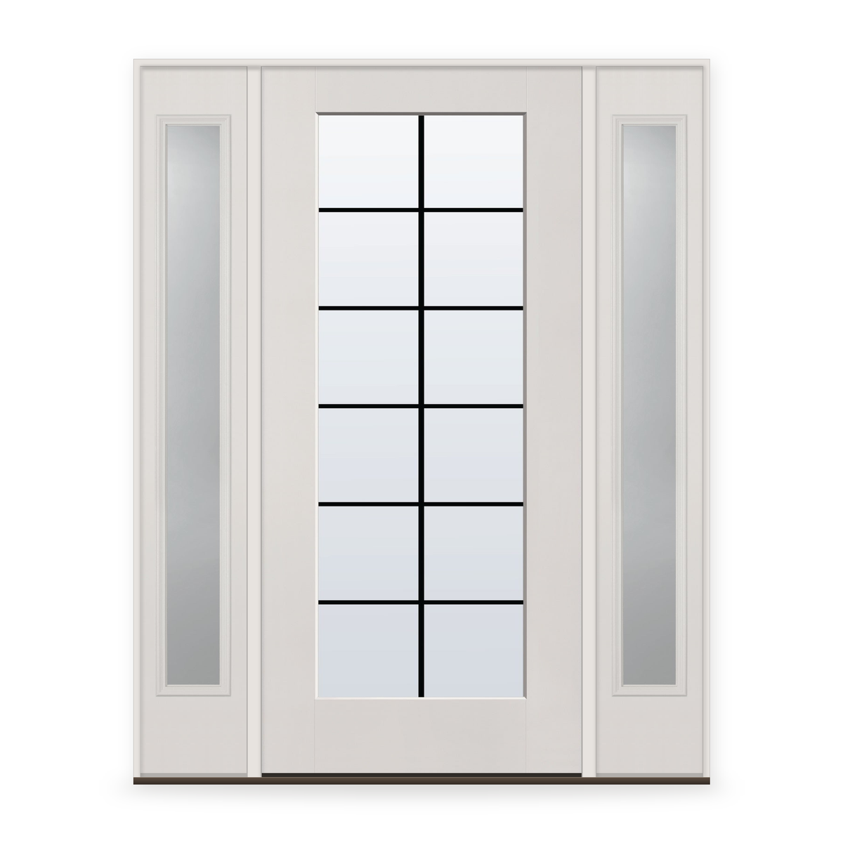 Grills Between Glass 12 Light Flush Glazed Fiberglass Entry Door System with Two Sidelites - Full Lite, White Satin Smooth, Black 5/8" Grilles