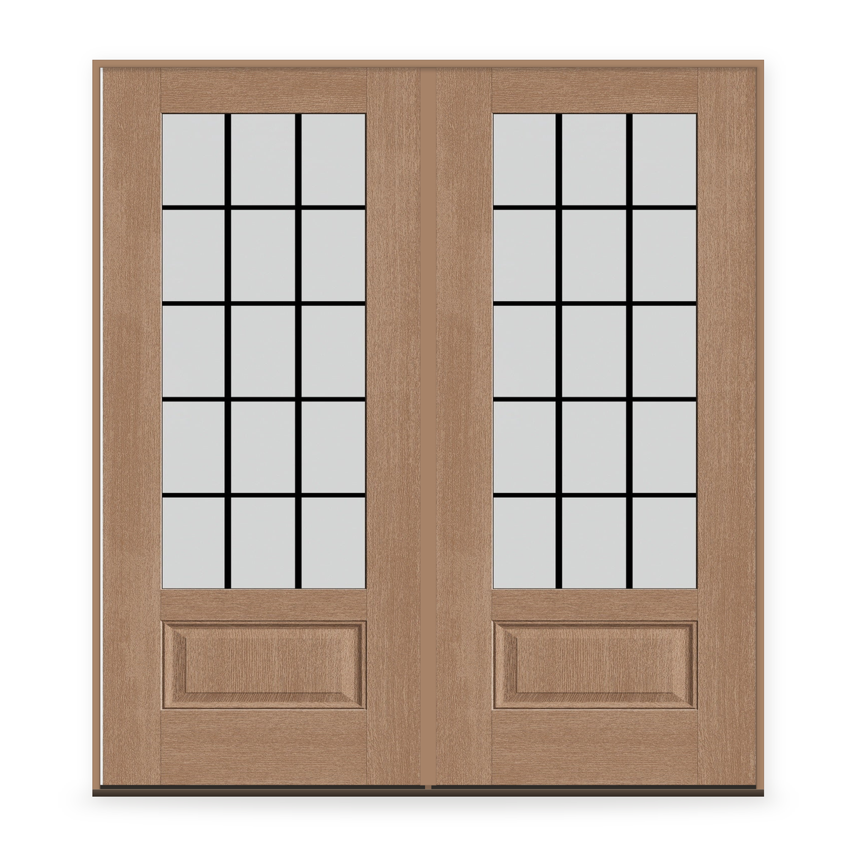 Double Grills Between Glass 15 Light Flush Glazed Fiberglass Entry Door System - 3/4 Lite, Tan Woodgrain, Black 5/8" Grilles