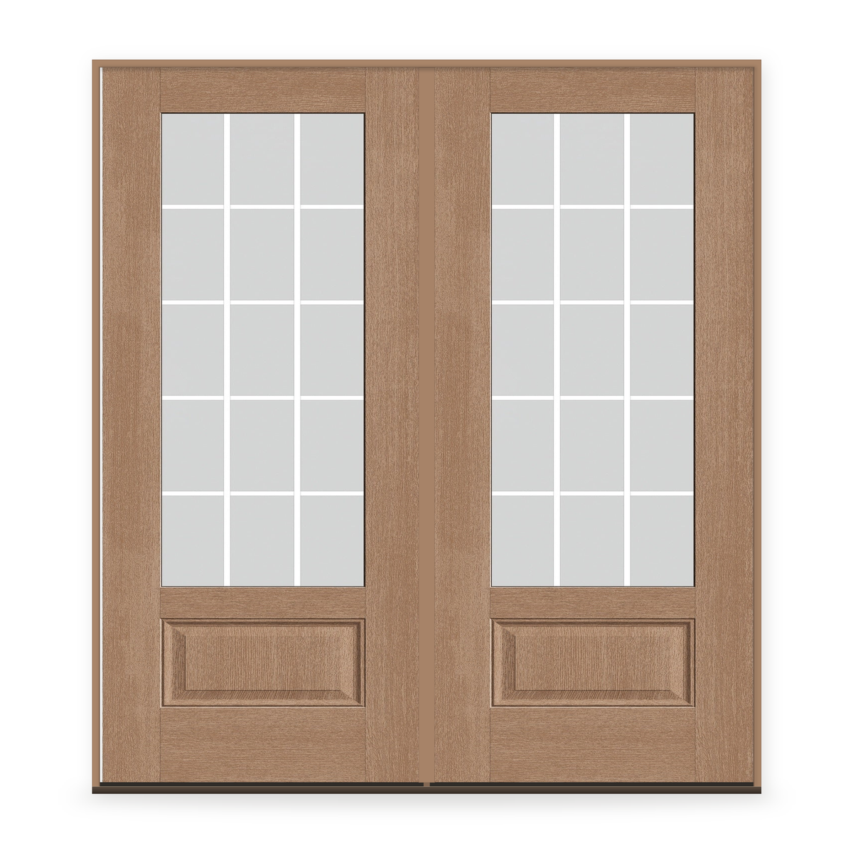 Double Grills Between Glass 15 Light Flush Glazed Fiberglass Entry Door System - 3/4 Lite, Tan Woodgrain, White 5/8" Grilles