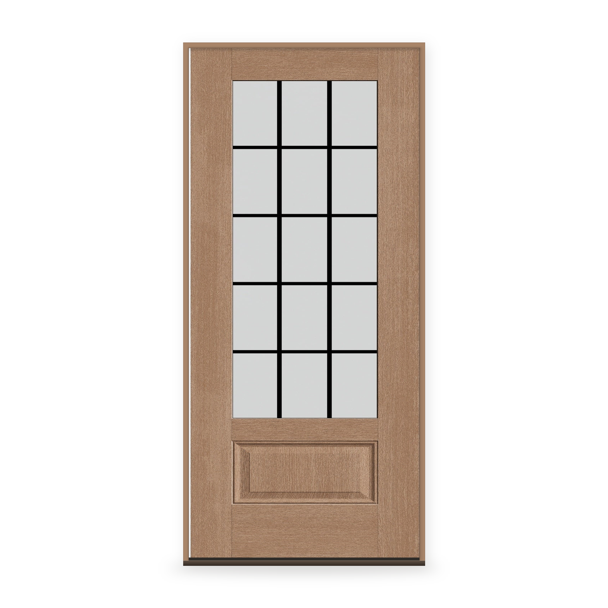 Prehung Grills Between Glass 15 Light Flush Glazed Fiberglass Entry Door System - 3/4 Lite, Tan Woodgrain, Black 5/8" Grilles