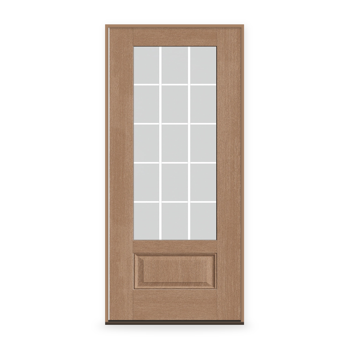 Prehung Grills Between Glass 15 Light Flush Glazed Fiberglass Entry Door System - 3/4 Lite, Tan Woodgrain, White 7/8" Grilles
