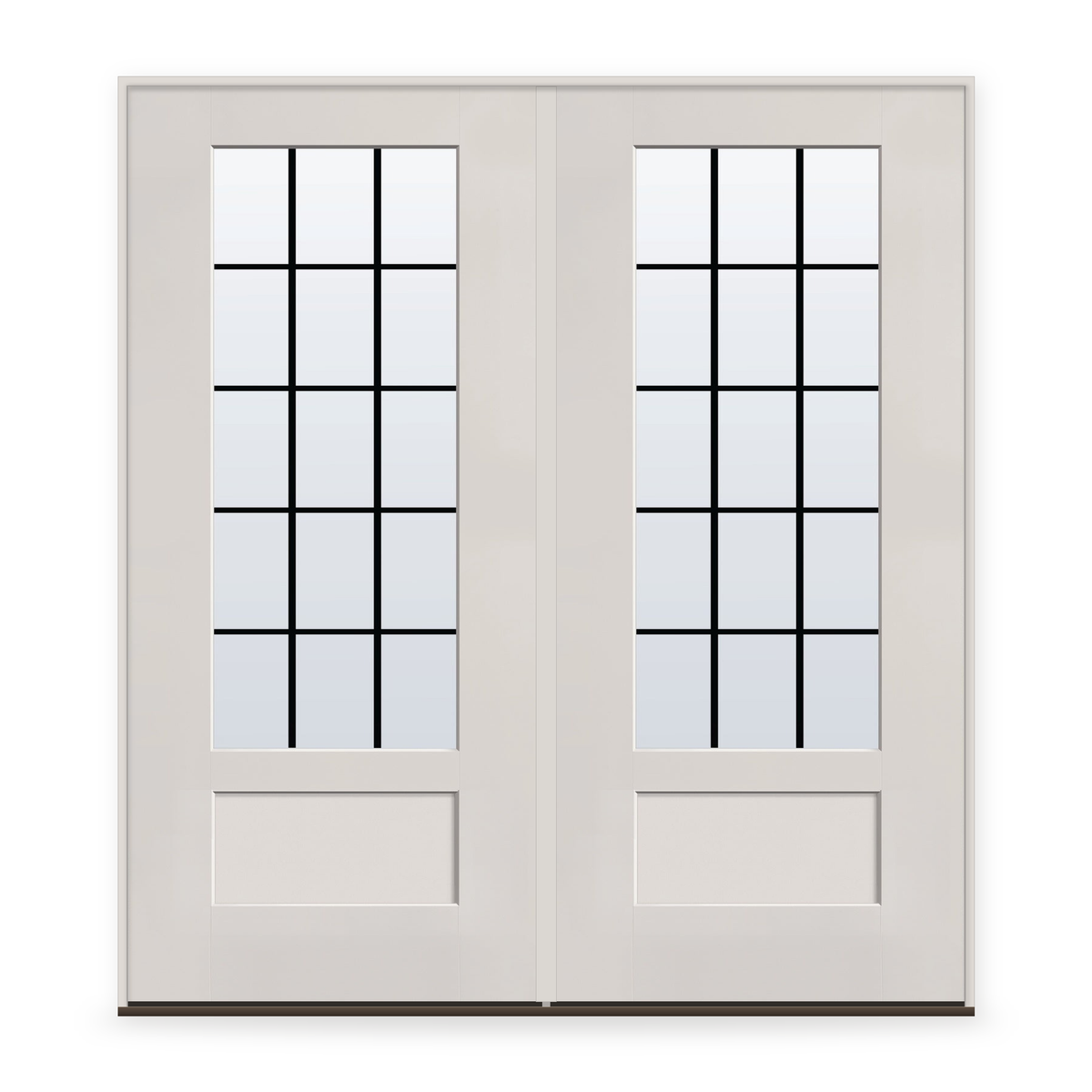 Double Grills Between Glass 15 Light Flush Glazed Fiberglass Entry Door System - 3/4 Lite Shaker, White Satin Smooth, Black 5/8" Grilles