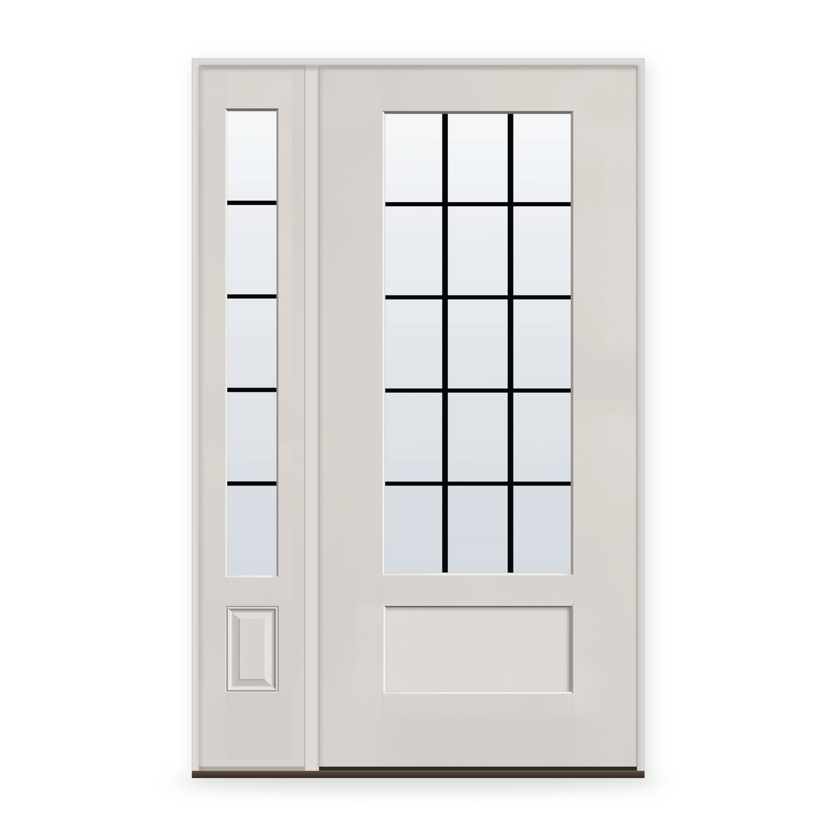 Grills Between Glass 15 Light Flush Glazed Fiberglass Entry Door System with Sidelite - 3/4 Lite Shaker, White Satin Smooth, Black 5/8" Grilles