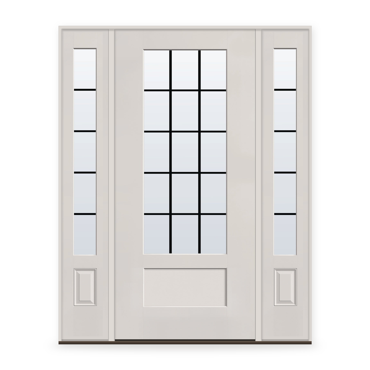 Grills Between Glass 15 Light Flush Glazed Fiberglass Entry Door System with Two Sidelites - 3/4 Lite Shaker, White Satin Smooth, Black 5/8" Grilles
