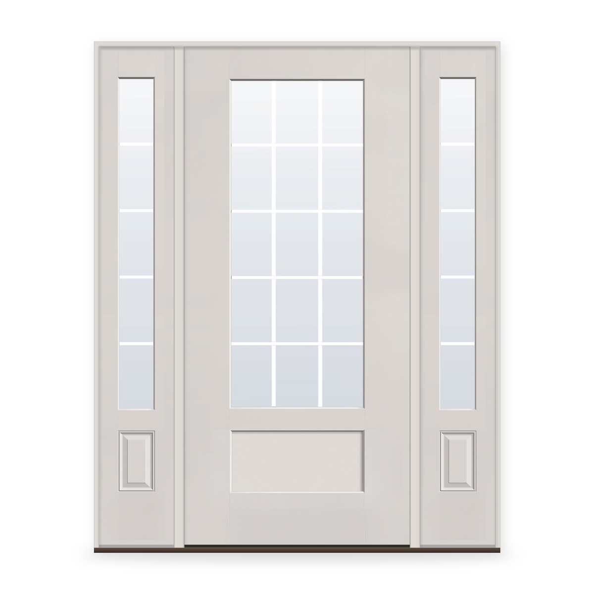 Grills Between Glass 15 Light Flush Glazed Fiberglass Entry Door System with Two Sidelites - 3/4 Lite Shaker, White Satin Smooth, White 7/8" Grilles