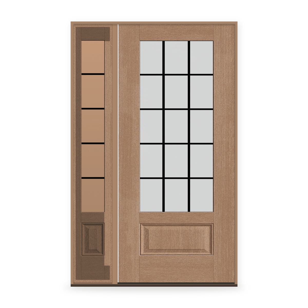 Grills Between Glass 15 Light Flush Glazed Fiberglass Entry Door System with Sidelite - 3/4 Lite, Tan Woodgrain, Black 5/8" Grilles