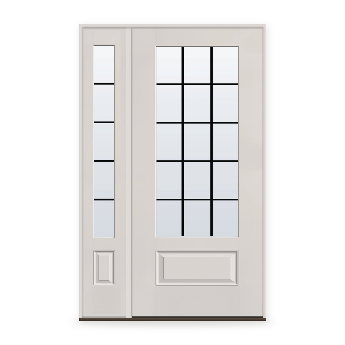 Grills Between Glass 15 Light Flush Glazed Fiberglass Entry Door System with Sidelite - 3/4 Lite, White Satin Smooth, Black 7/8" Grilles