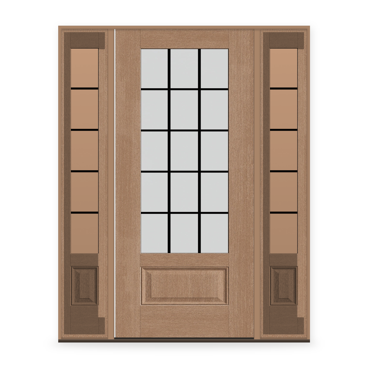Grills Between Glass 15 Light Flush Glazed Fiberglass Entry Door System with Two Sidelites - 3/4 Lite, Tan Woodgrain, Black 5/8" Grilles