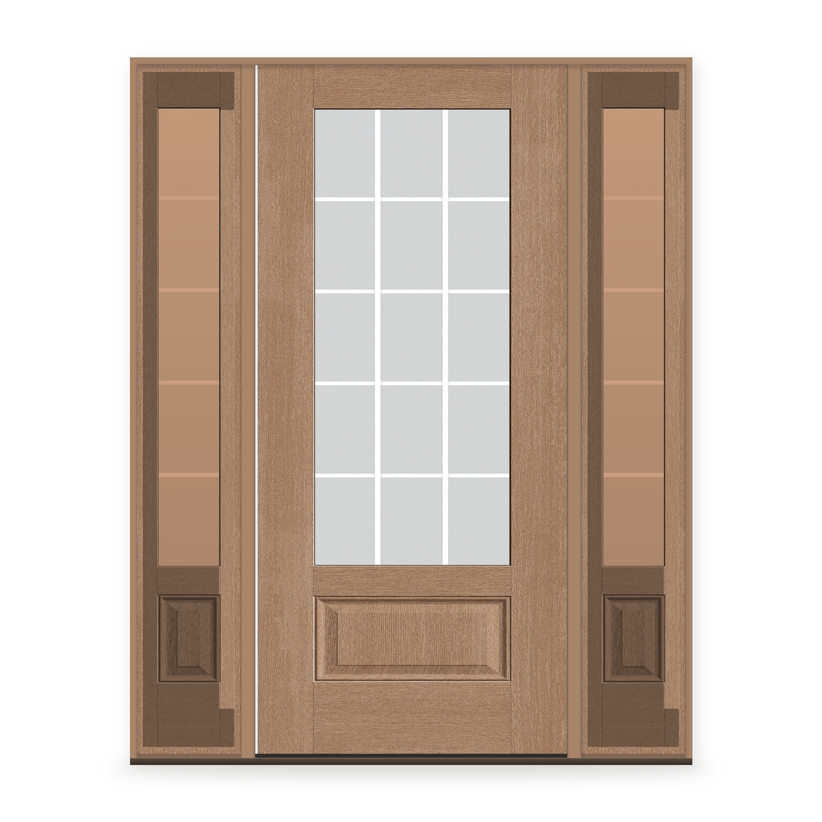 Grills Between Glass 15 Light Flush Glazed Fiberglass Entry Door System with Two Sidelites - 3/4 Lite, Tan Woodgrain, White 7/8" Grilles