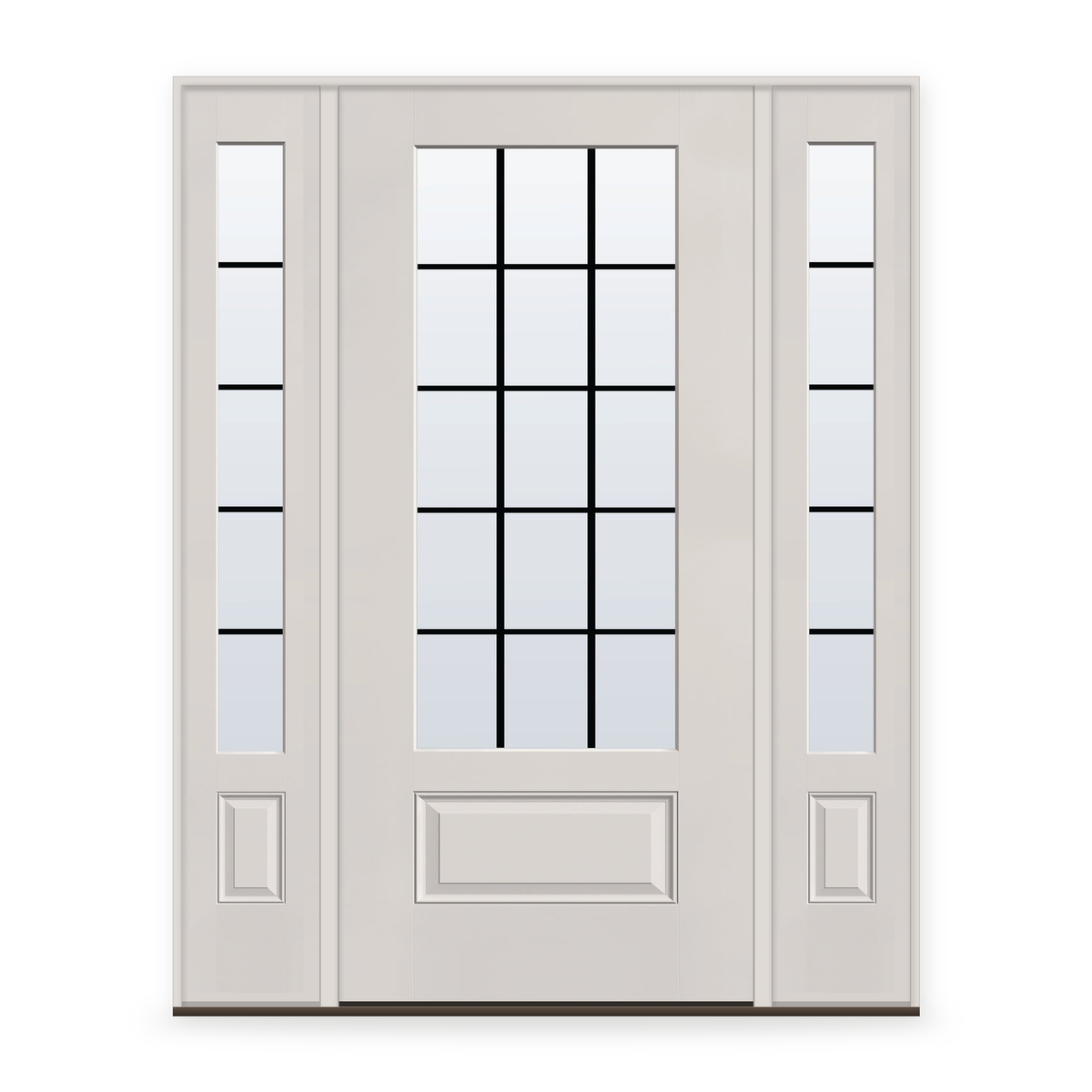 Grills Between Glass 15 Light Flush Glazed Fiberglass Entry Door System with Two Sidelites - 3/4 Lite, White Satin Smooth, Black 5/8" Grilles