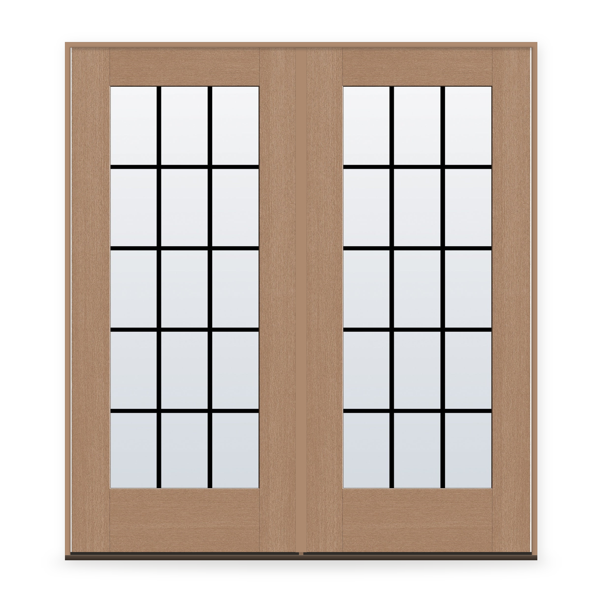 Double Grills Between Glass 15 Light Flush Glazed Fiberglass Entry Door System - Full Lite, Tan Woodgrain, Black 5/8" Grilles