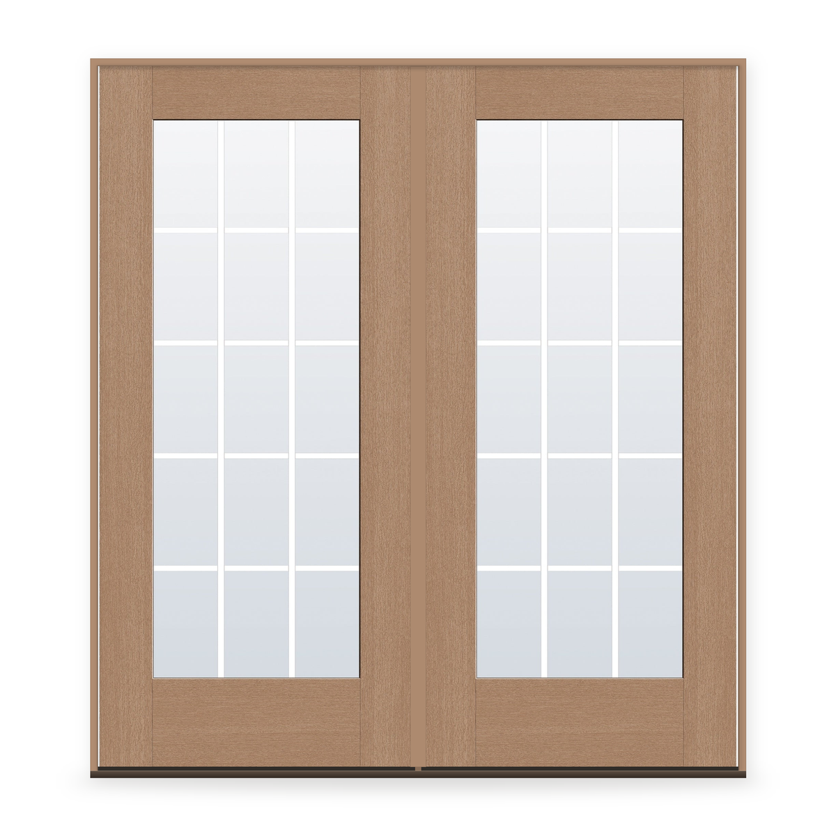 Double Grills Between Glass 15 Light Flush Glazed Fiberglass Entry Door System - Full Lite, Tan Woodgrain, White 7/8" Grilles