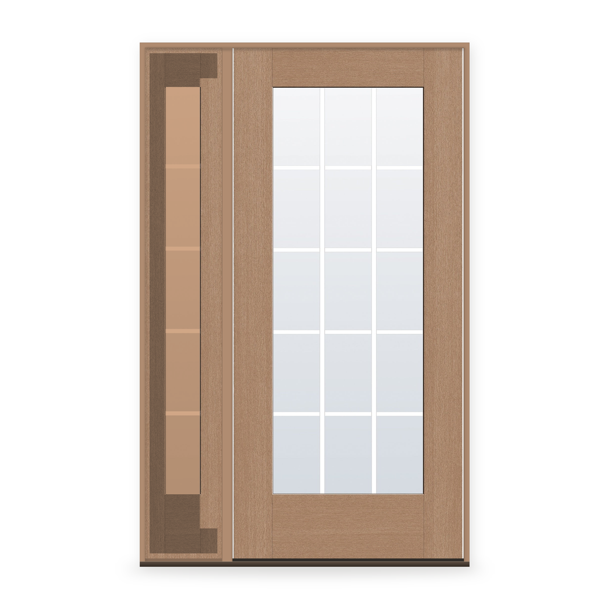 Grills Between Glass 15 Light Flush Glazed Fiberglass Entry Door System with Sidelite - Full Lite, Tan Woodgrain, White 7/8" Grilles