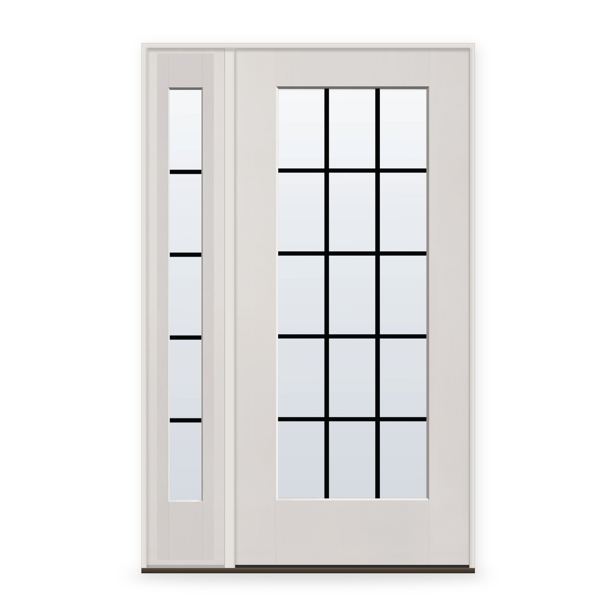 Grills Between Glass 15 Light Flush Glazed Fiberglass Entry Door System with Sidelite - Full Lite, White Satin Smooth, Black 5/8" Grilles
