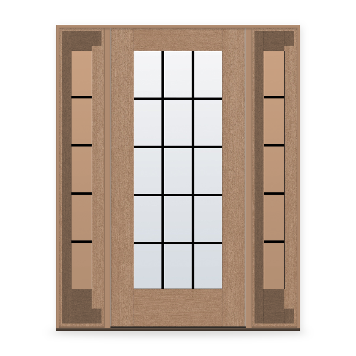 Grills Between Glass 15 Light Flush Glazed Fiberglass Entry Door System with Two Sidelites - Full Lite, Tan Woodgrain, Black 7/8" Grilles