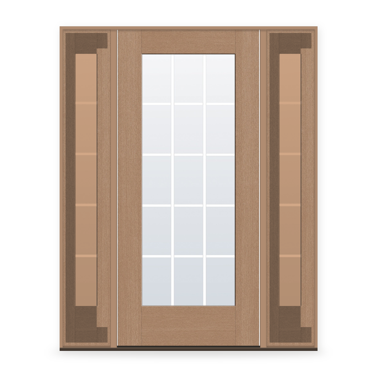 Grills Between Glass 15 Light Flush Glazed Fiberglass Entry Door System with Two Sidelites - Full Lite, Tan Woodgrain, White 5/8" Grilles