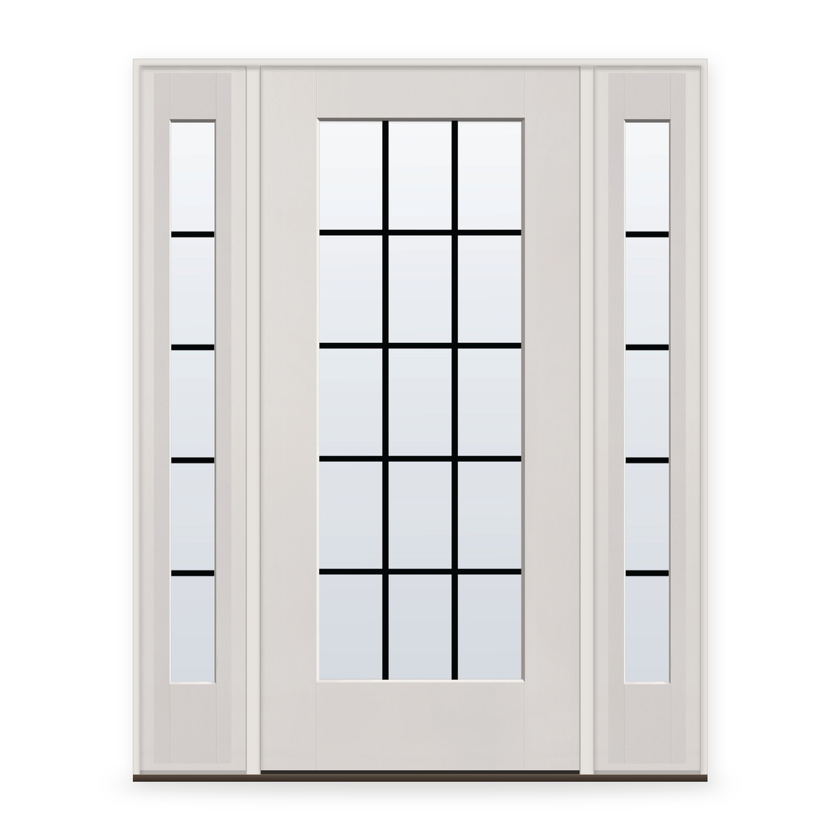 Grills Between Glass 15 Light Flush Glazed Fiberglass Entry Door System with Two Sidelites - Full Lite, White Satin Smooth, Black 5/8" Grilles