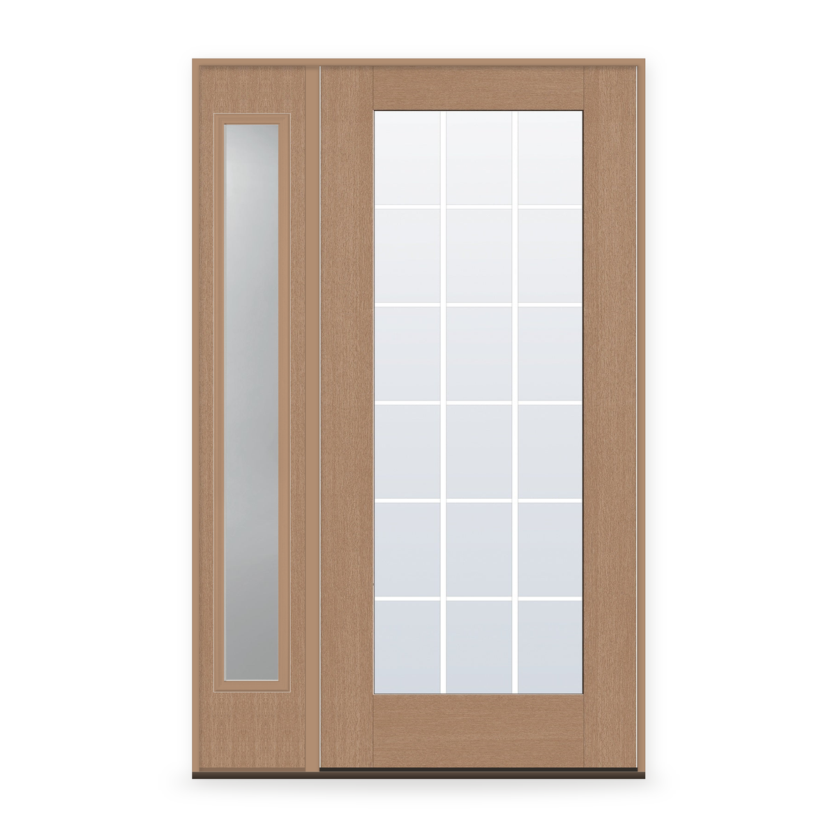 Grills Between Glass 18 Light Flush Glazed Fiberglass Entry Door System with Sidelite - Full Lite, Tan Woodgrain, White 5/8" Grilles