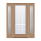 Grills Between Glass 18 Light Flush Glazed Fiberglass Entry Door System with Two Sidelites - Full Lite, Tan Woodgrain, White 7/8" Grilles