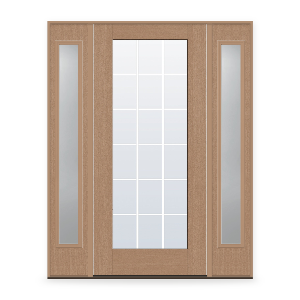Grills Between Glass 18 Light Flush Glazed Fiberglass Entry Door System with Two Sidelites - Full Lite, Tan Woodgrain, White 7/8" Grilles