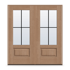 Double Grills Between Glass 4 Light Flush Glazed Fiberglass Entry Door System - 3/4 Lite, Tan Woodgrain, Black 7/8" Grilles