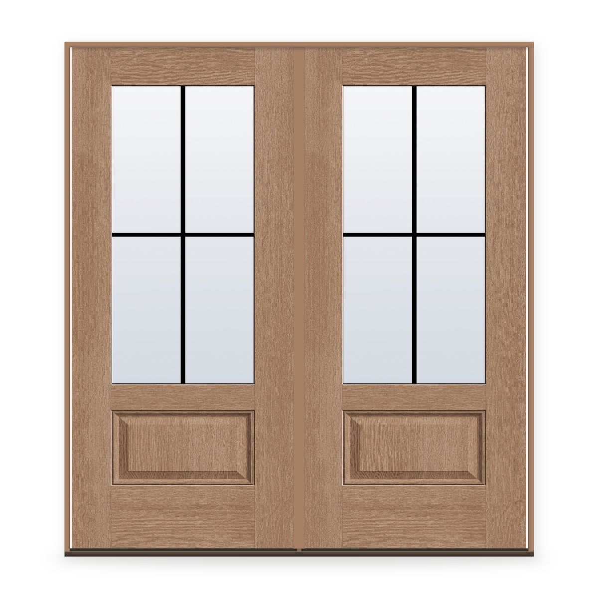 Double Grills Between Glass 4 Light Flush Glazed Fiberglass Entry Door System - 3/4 Lite, Tan Woodgrain, Black 7/8" Grilles