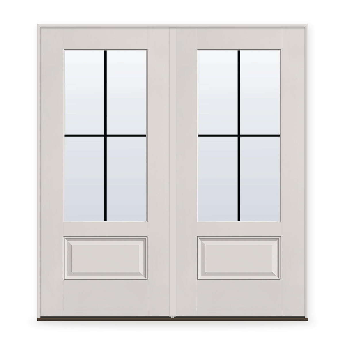 Double Grills Between Glass 4 Light Flush Glazed Fiberglass Entry Door System - 3/4 Lite, White Satin Smooth, Black 7/8" Grilles