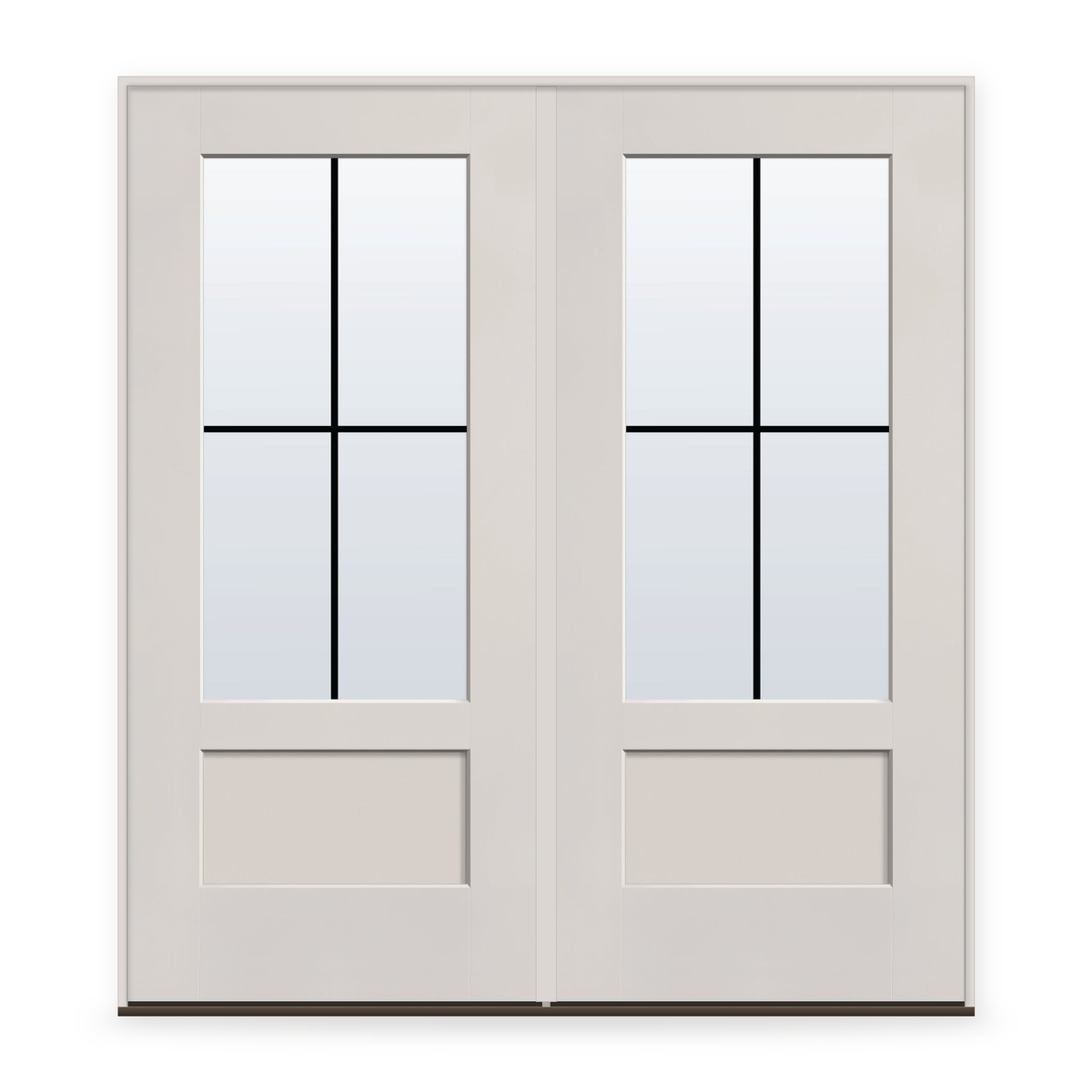 Double Grills Between Glass 4 Light Flush Glazed Fiberglass Entry Door System - 3/4 Lite Shaker, White Satin Smooth, Black 7/8" Grilles