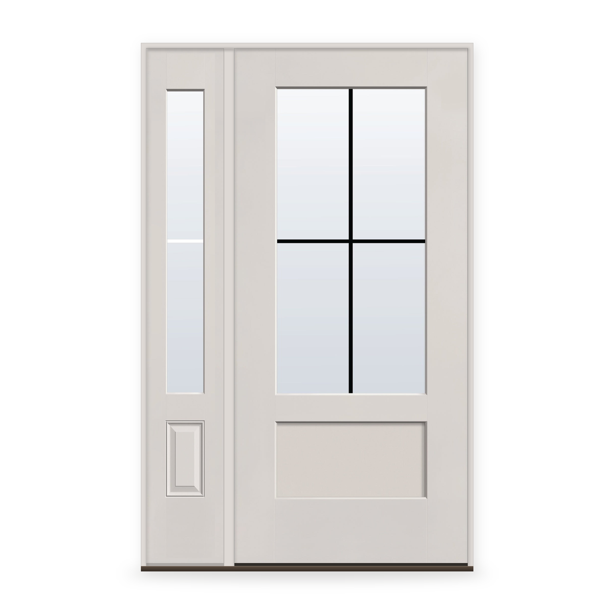 Grills Between Glass 4 Light Flush Glazed Fiberglass Entry Door System with Sidelite - 3/4 Lite Shaker, White Satin Smooth, Black 7/8" Grilles
