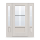 Grills Between Glass 4 Light Flush Glazed Fiberglass Entry Door System with Two Sidelites - 3/4 Lite Shaker, White Satin Smooth, Black 5/8" Grilles