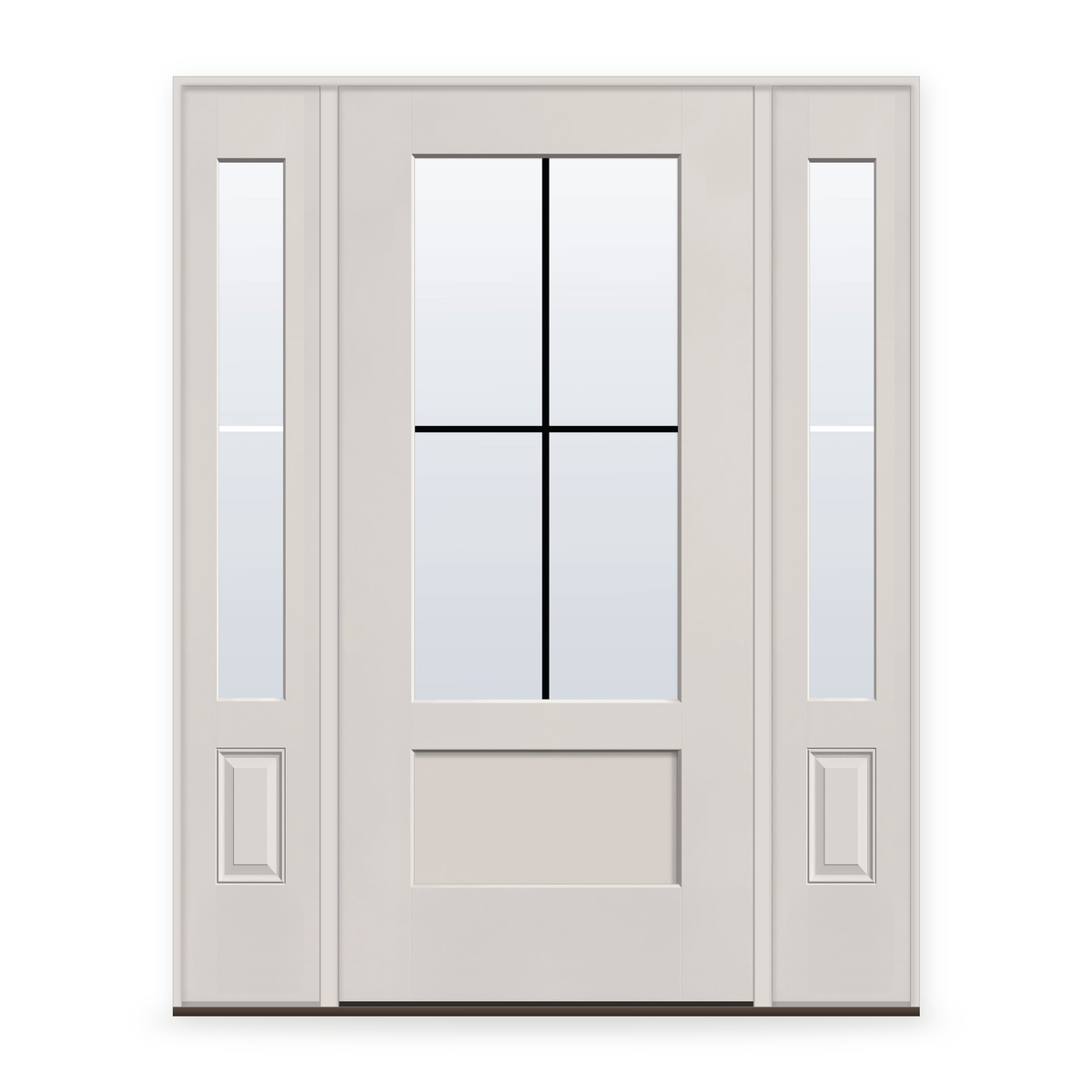 Grills Between Glass 4 Light Flush Glazed Fiberglass Entry Door System with Two Sidelites - 3/4 Lite Shaker, White Satin Smooth, Black 7/8" Grilles
