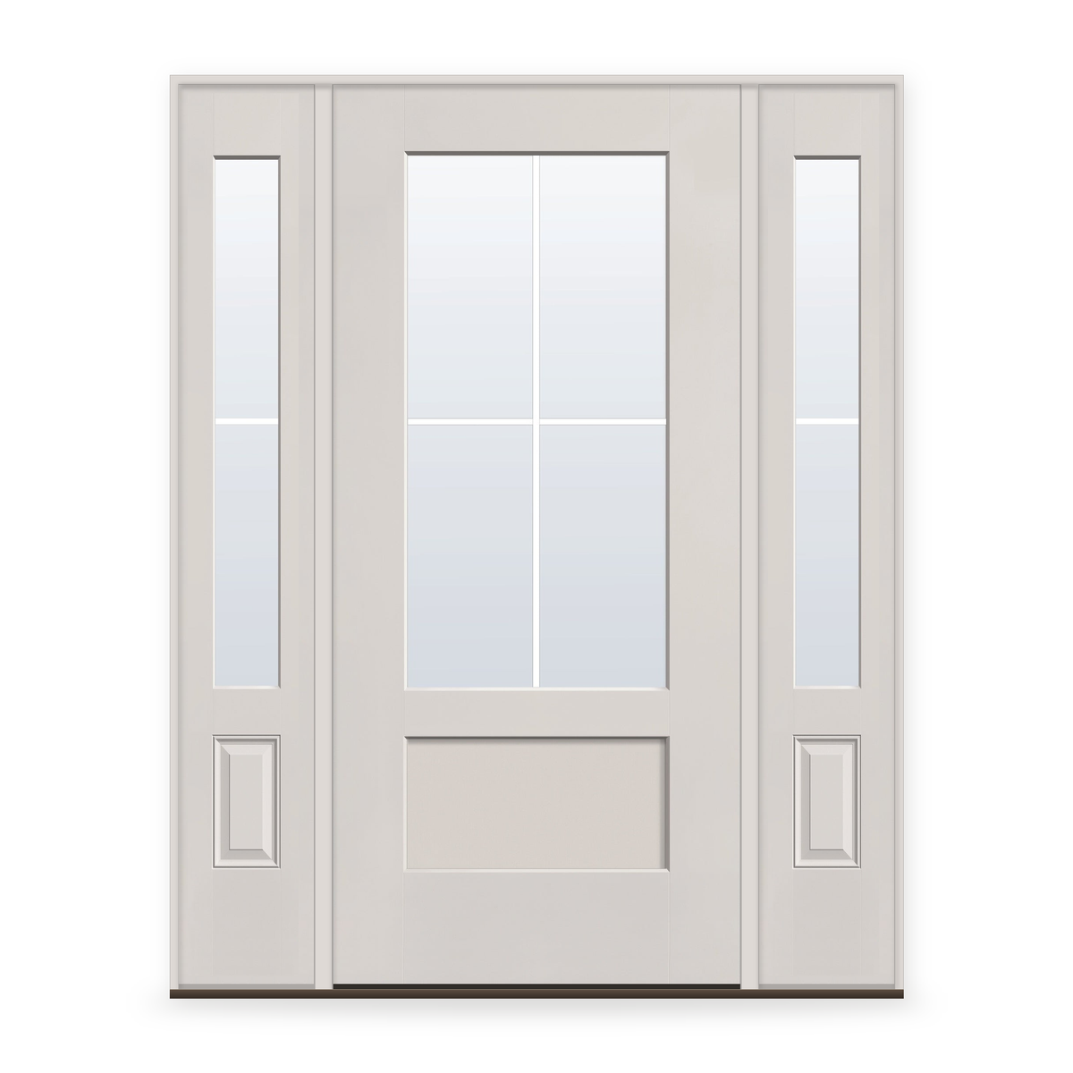 Grills Between Glass 4 Light Flush Glazed Fiberglass Entry Door System with Two Sidelites - 3/4 Lite Shaker, White Satin Smooth, White 7/8" Grilles