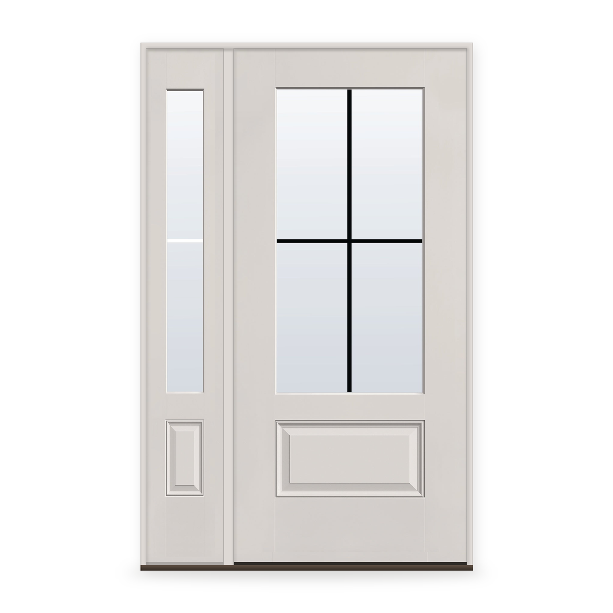 Grills Between Glass 4 Light Flush Glazed Fiberglass Entry Door System with Sidelite - 3/4 Lite, White Satin Smooth, Black 7/8" Grilles