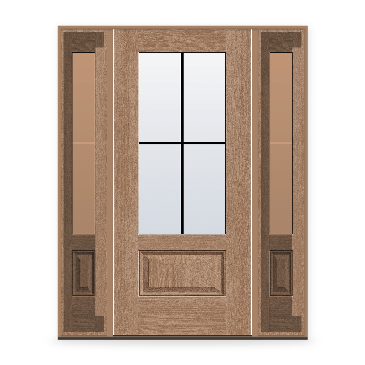 Grills Between Glass 4 Light Flush Glazed Fiberglass Entry Door System with Two Sidelites - 3/4 Lite, Tan Woodgrain, Black 5/8" Grilles