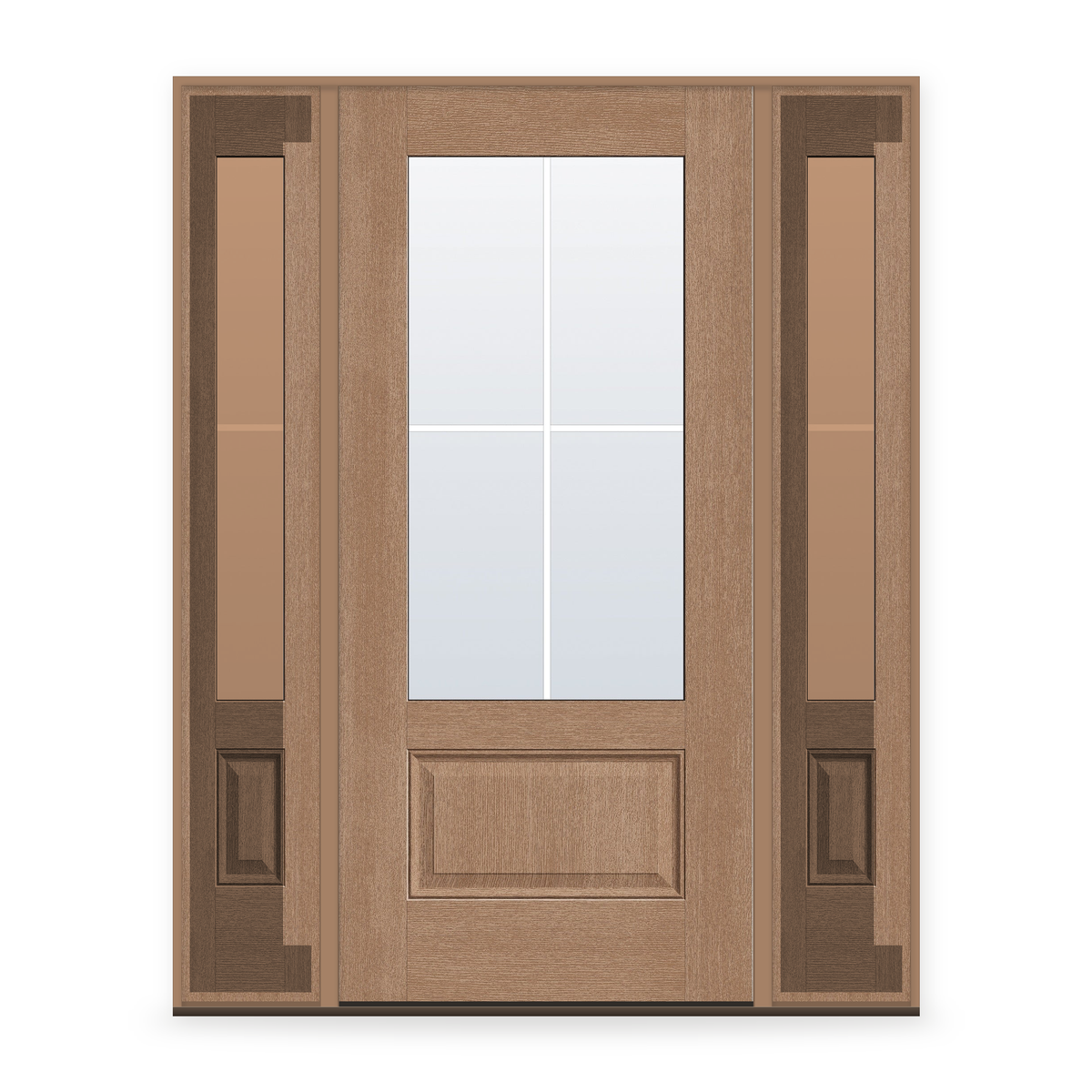 Grills Between Glass 4 Light Flush Glazed Fiberglass Entry Door System with Two Sidelites - 3/4 Lite, Tan Woodgrain, White 5/8" Grilles