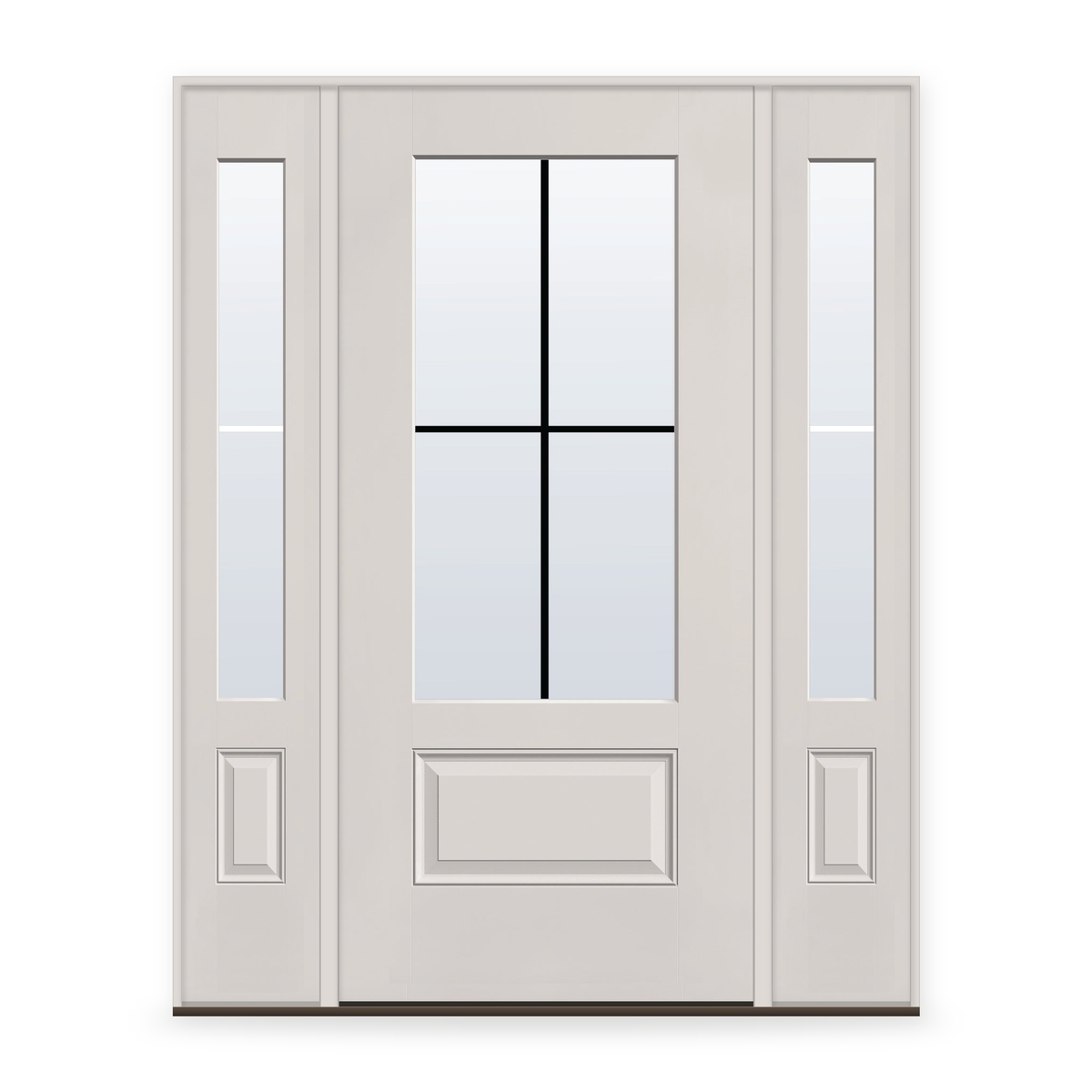 Grills Between Glass 4 Light Flush Glazed Fiberglass Entry Door System with Two Sidelites - 3/4 Lite, White Satin Smooth, Black 7/8" Grilles