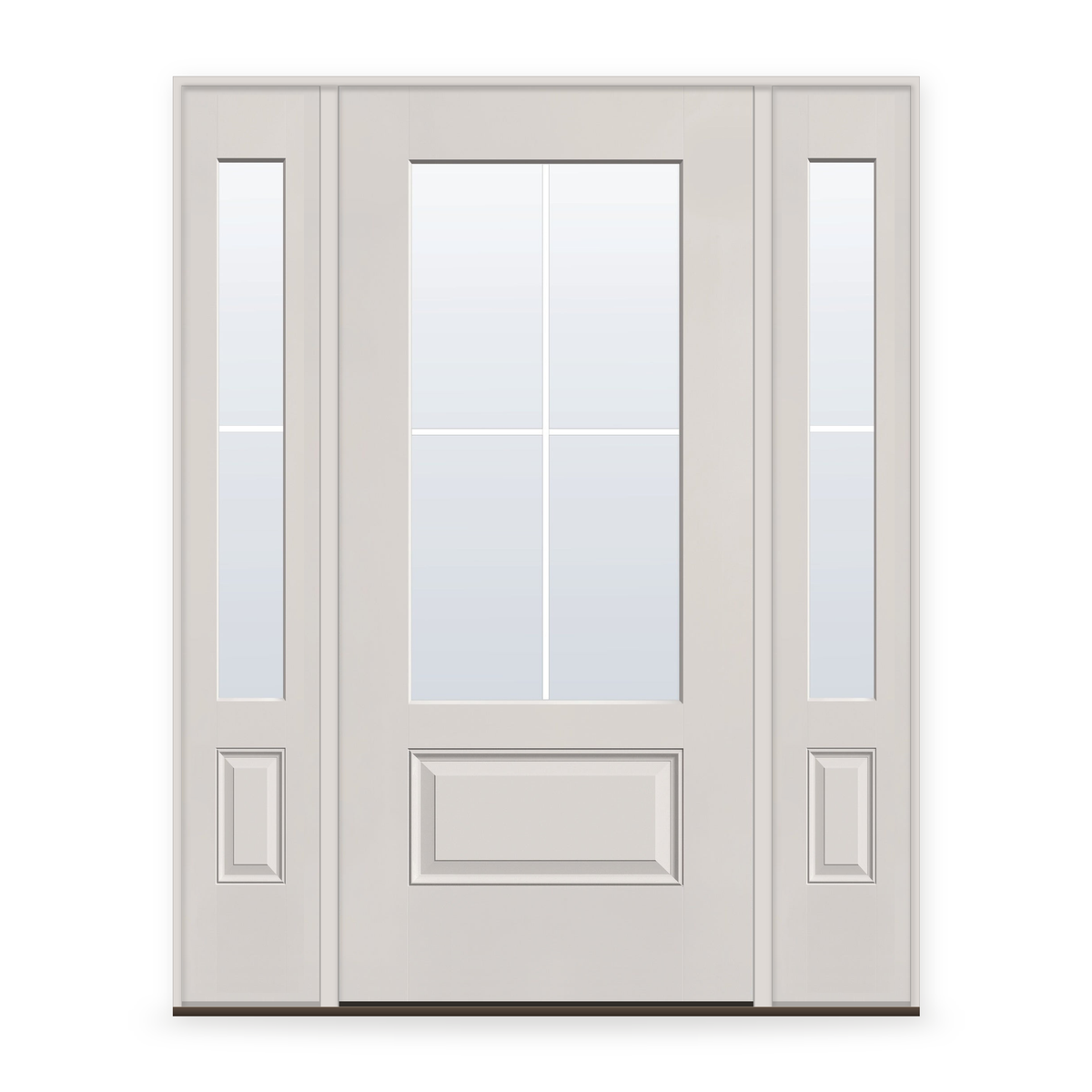 Grills Between Glass 4 Light Flush Glazed Fiberglass Entry Door System with Two Sidelites - 3/4 Lite, White Satin Smooth, White 5/8" Grilles