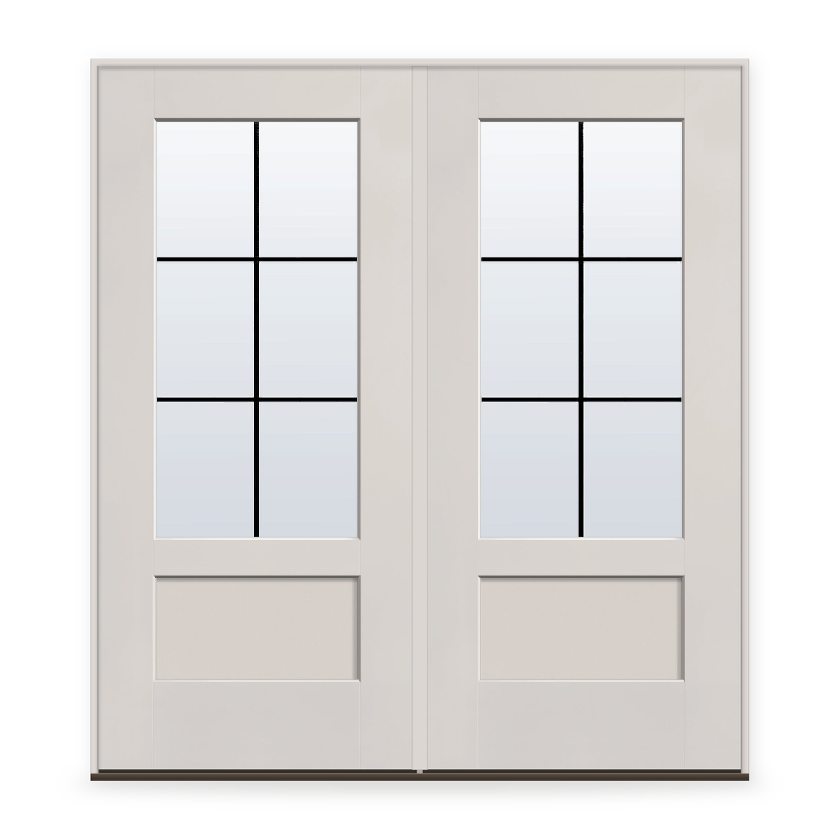 Double Grills Between Glass 6 Light Flush Glazed Fiberglass Entry Door System - 3/4 Lite Shaker, White Satin Smooth, Black 5/8" Grilles