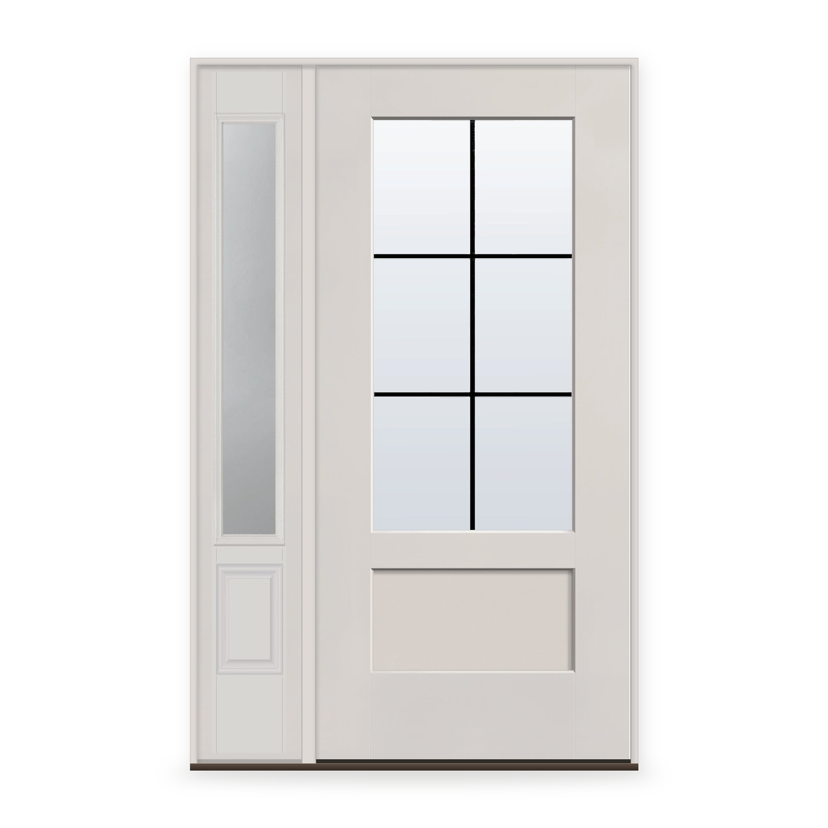 Grills Between Glass 6 Light Flush Glazed Fiberglass Entry Door System with Sidelite - 3/4 Lite Shaker, White Satin Smooth, Black 5/8" Grilles