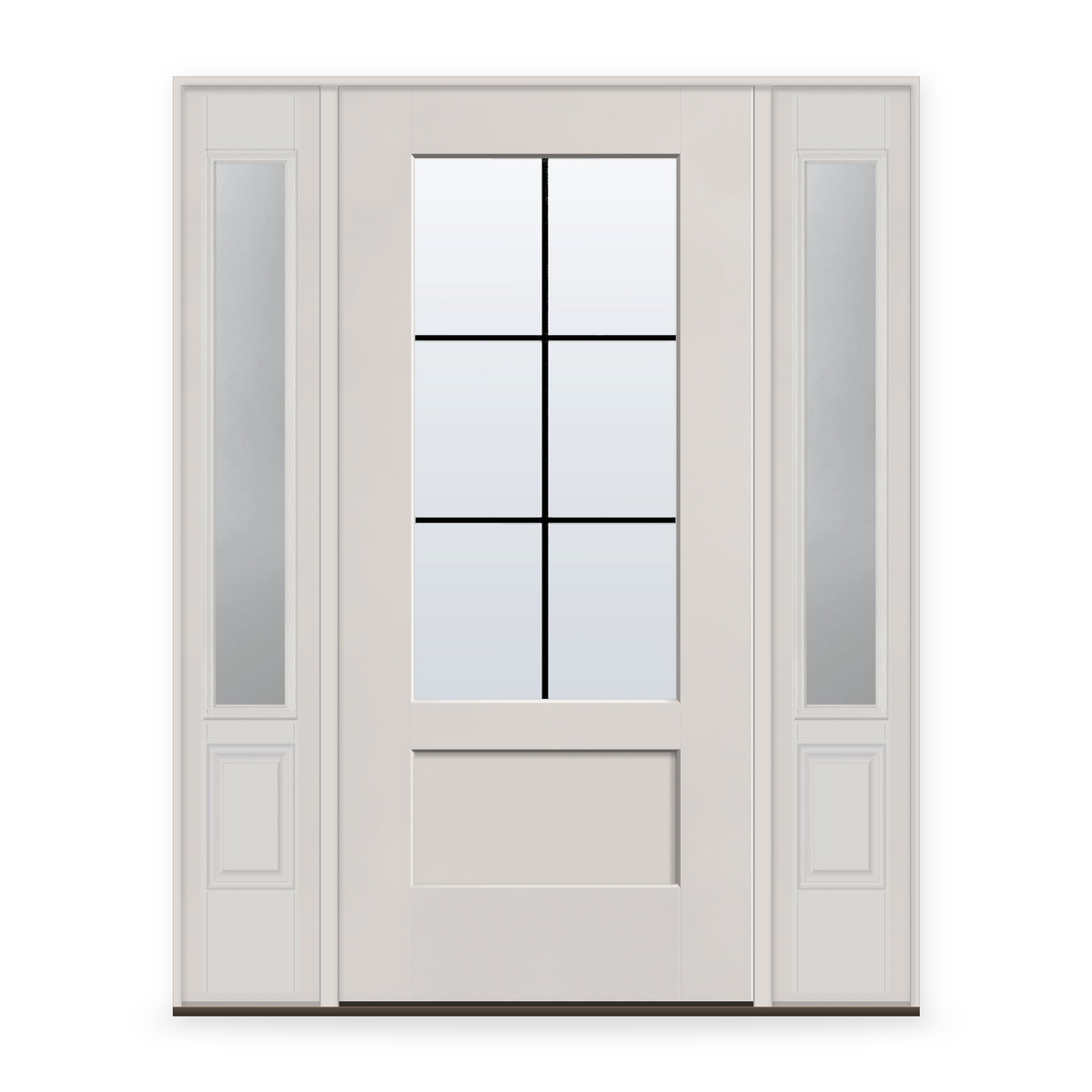 Grills Between Glass 6 Light Flush Glazed Fiberglass Entry Door System with Two Sidelites - 3/4 Lite Shaker, White Satin Smooth, Black 7/8" Grilles