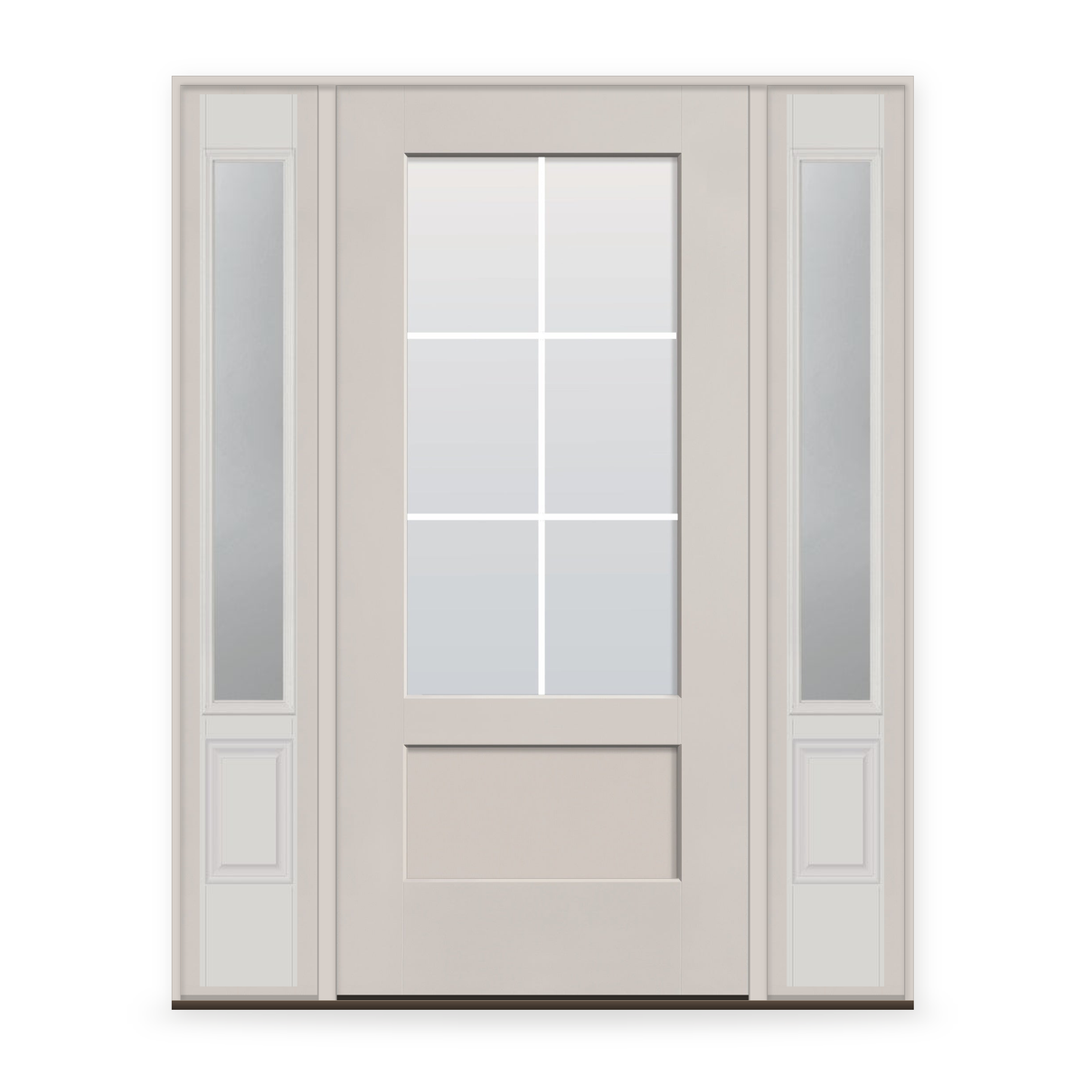 Grills Between Glass 6 Light Flush Glazed Fiberglass Entry Door System with Two Sidelites - 3/4 Lite Shaker, White Satin Smooth, White 5/8" Grilles