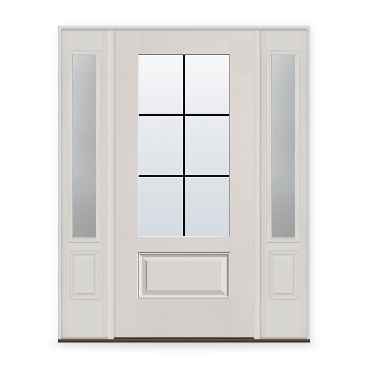 Grills Between Glass 6 Light Flush Glazed Fiberglass Entry Door System with Two Sidelites - 3/4 Lite, White Satin Smooth