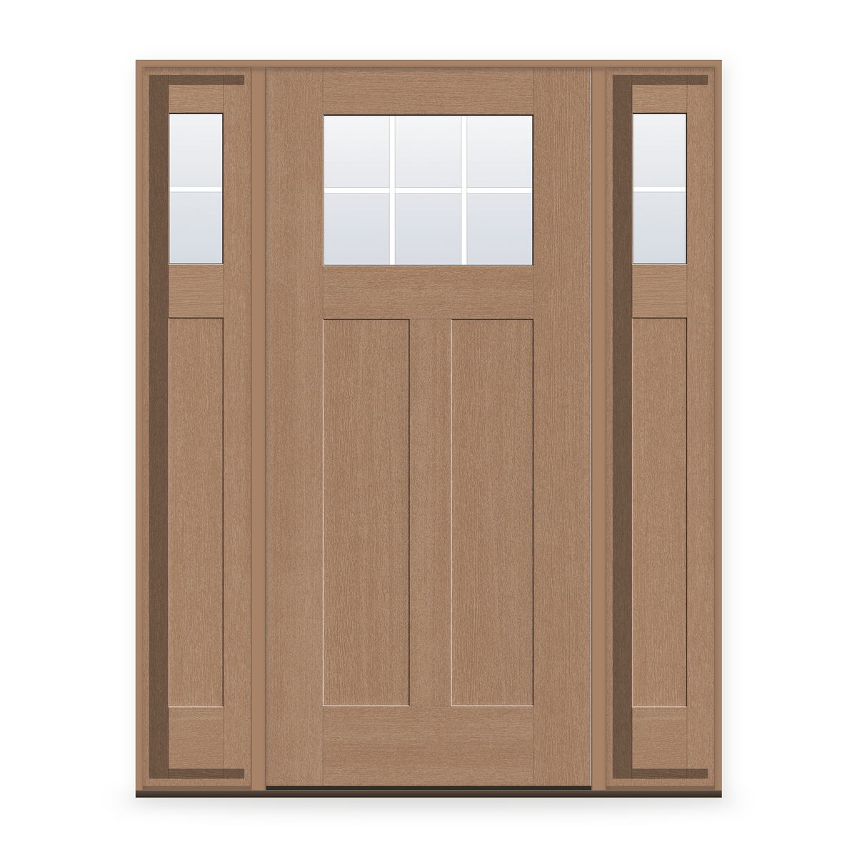 Grills Between Glass 6 Light Flush Glazed Fiberglass Entry Door System with Two Sidelites - Craftsman 2 Panel, Tan Woodgrain, White 5/8" Grilles